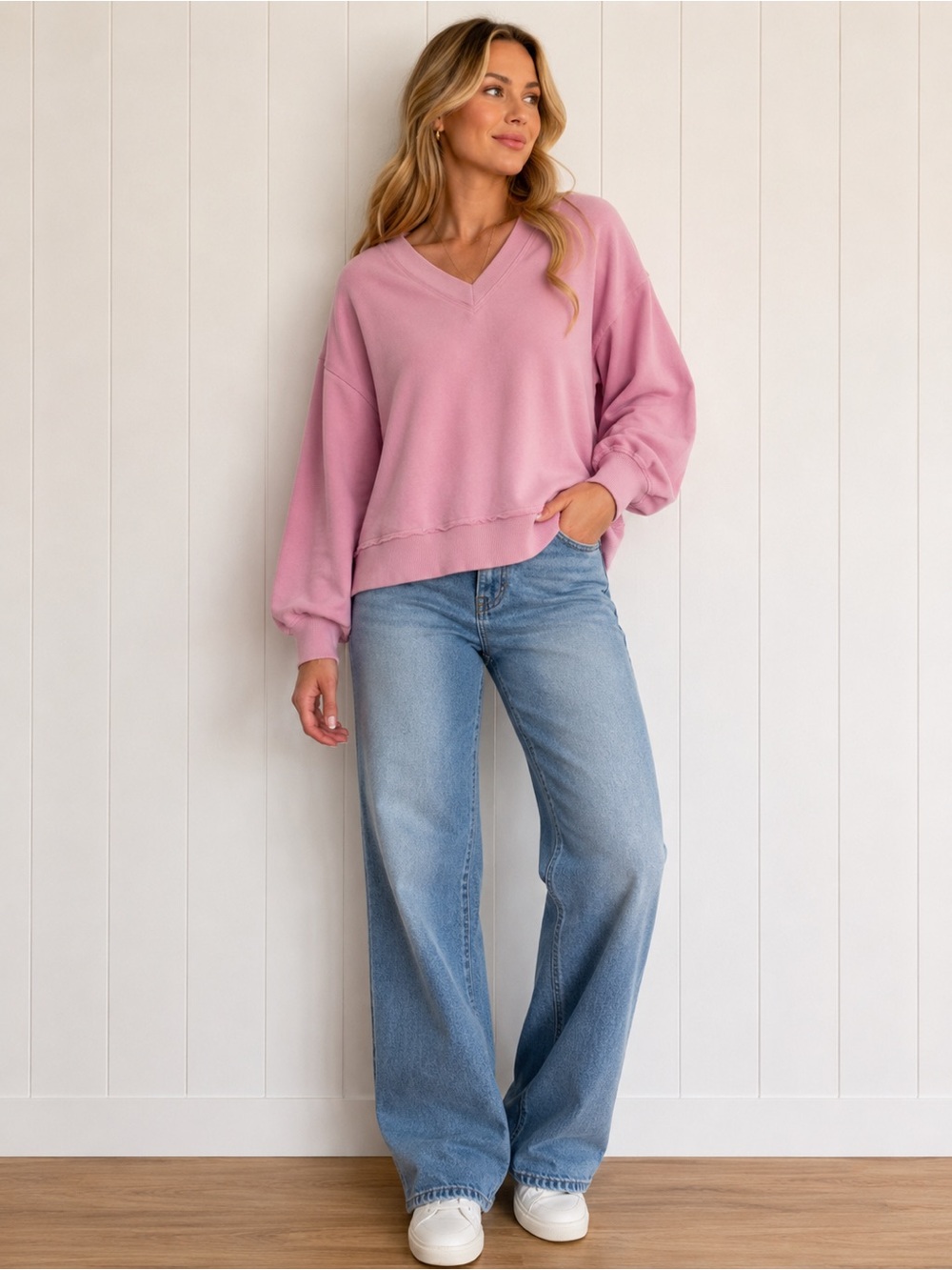Simply Southern Sweatshirt Pale Pink Slouchy V-Neck Cotton Lounge Extra Large